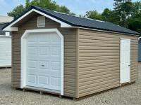 10 x 16 Front Entry Vinyl Peak Shed w/ Garage Door in stock