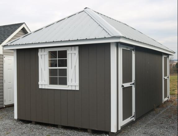 Pine Creek 10x20 Hip Deluxe with Bronze walls, White trim and White Z-Style shutters, and Light Gray Metal