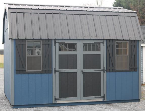 Pine Creek 10x14 HD Dutch Barn with Dark Blue walls, Dark Gray trim and Black Z-Style shutters, and Black metal roof